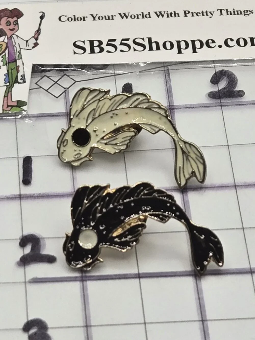 2 Enamel Tac Pins Yin Yang Koi Fish Black White Metal  Fashion Costume Jewelry